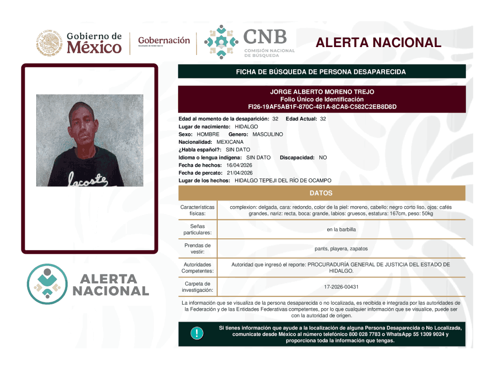 Persona desaparecida Jorge Alberto Moreno Trejo