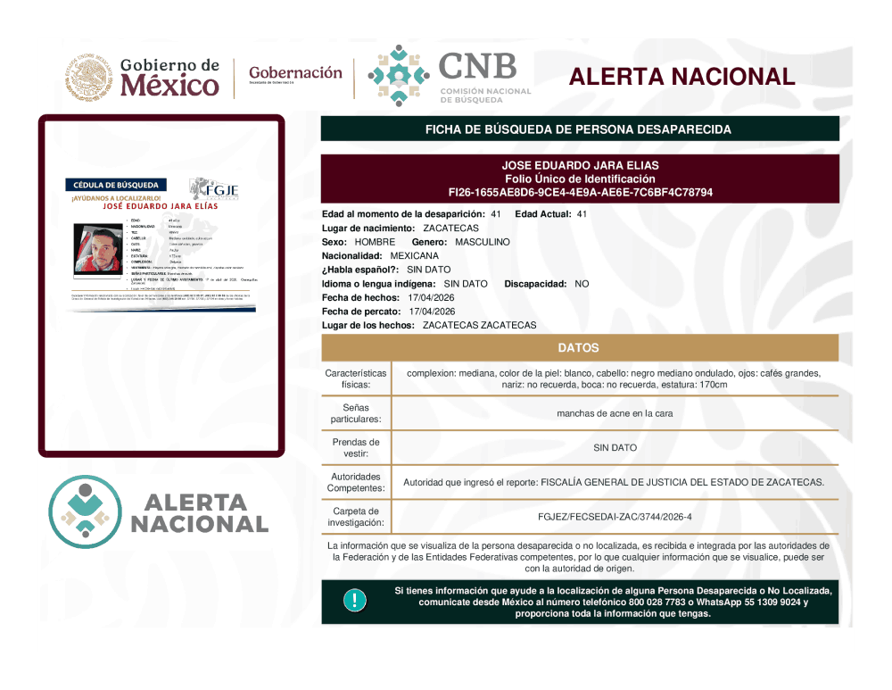 Persona desaparecida José Eduardo Jara Elias