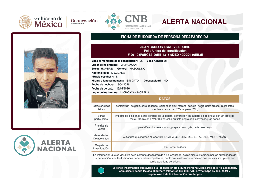 Persona desaparecida Juan Carlos Esquivel Rubio