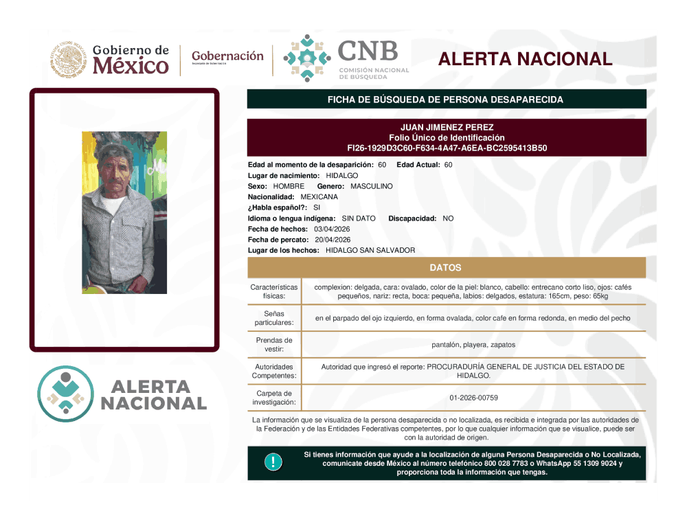 Persona desaparecida Juan Jiménez Pérez