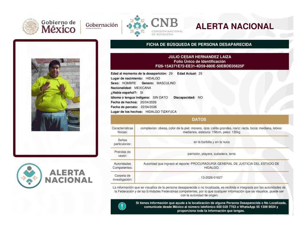 Persona desaparecida Julio César Hernández Laiza