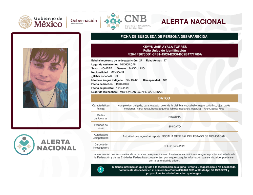 Persona desaparecida Kevyn Jair Ayala Torres