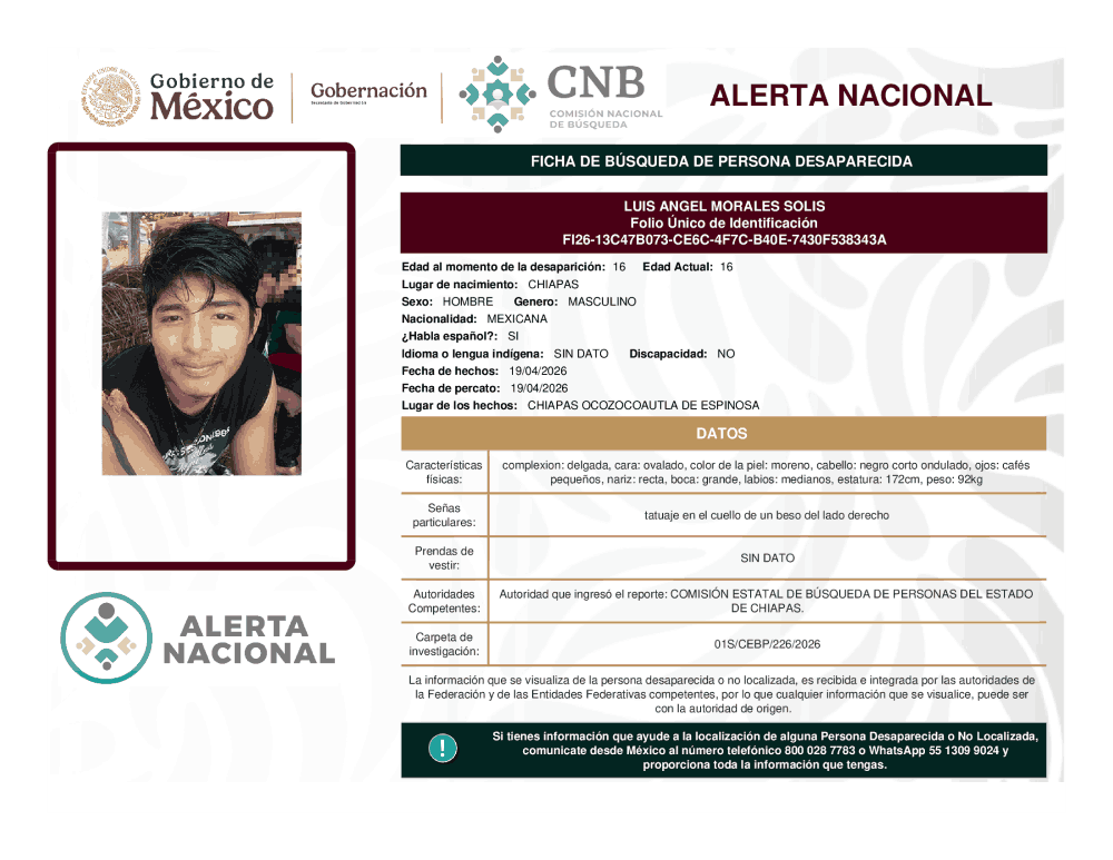 Persona desaparecida Luis Ángel Morales Solis