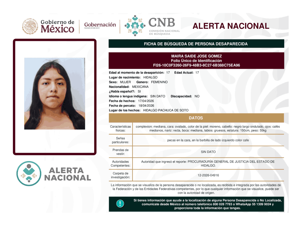 Persona desaparecida Maira Saide José Gómez