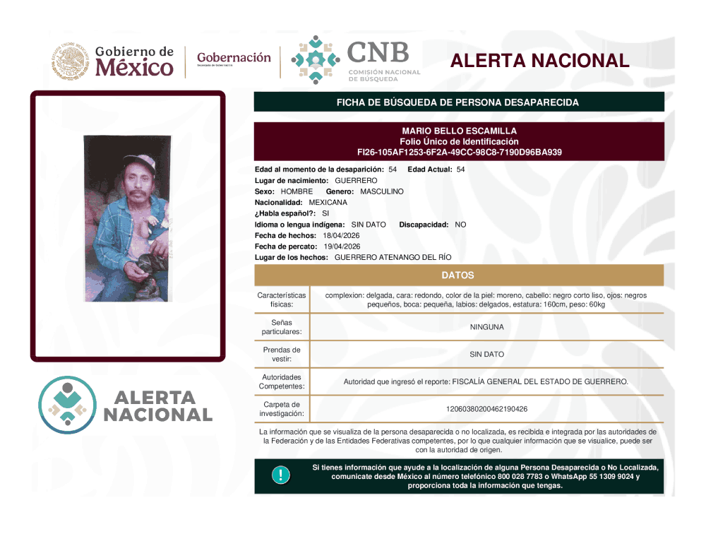 Persona desaparecida Mario Bello Escamilla