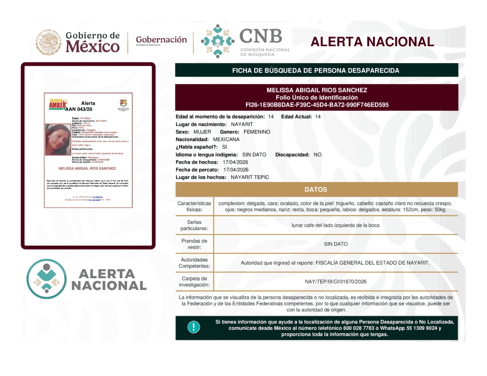 Persona desaparecida Melissa Abigail Ríos Sánchez