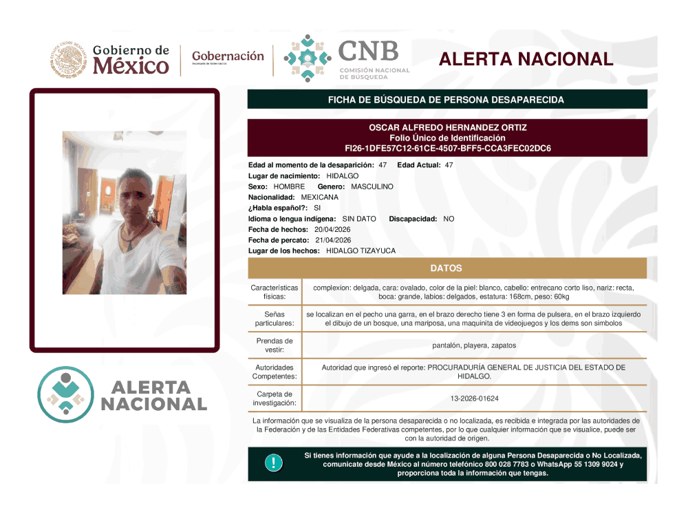 Persona desaparecida Oscar Alfredo Hernández Ortiz