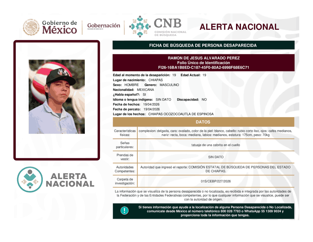 Persona desaparecida Ramón de Jesús Alvarado Pérez