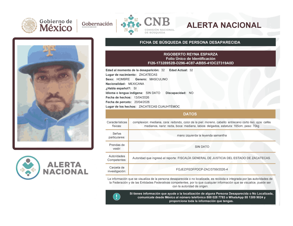 Persona desaparecida Rigoberto Reyna Esparza