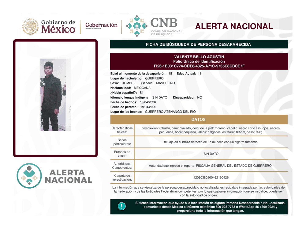 Persona desaparecida Valente Bello Agustín