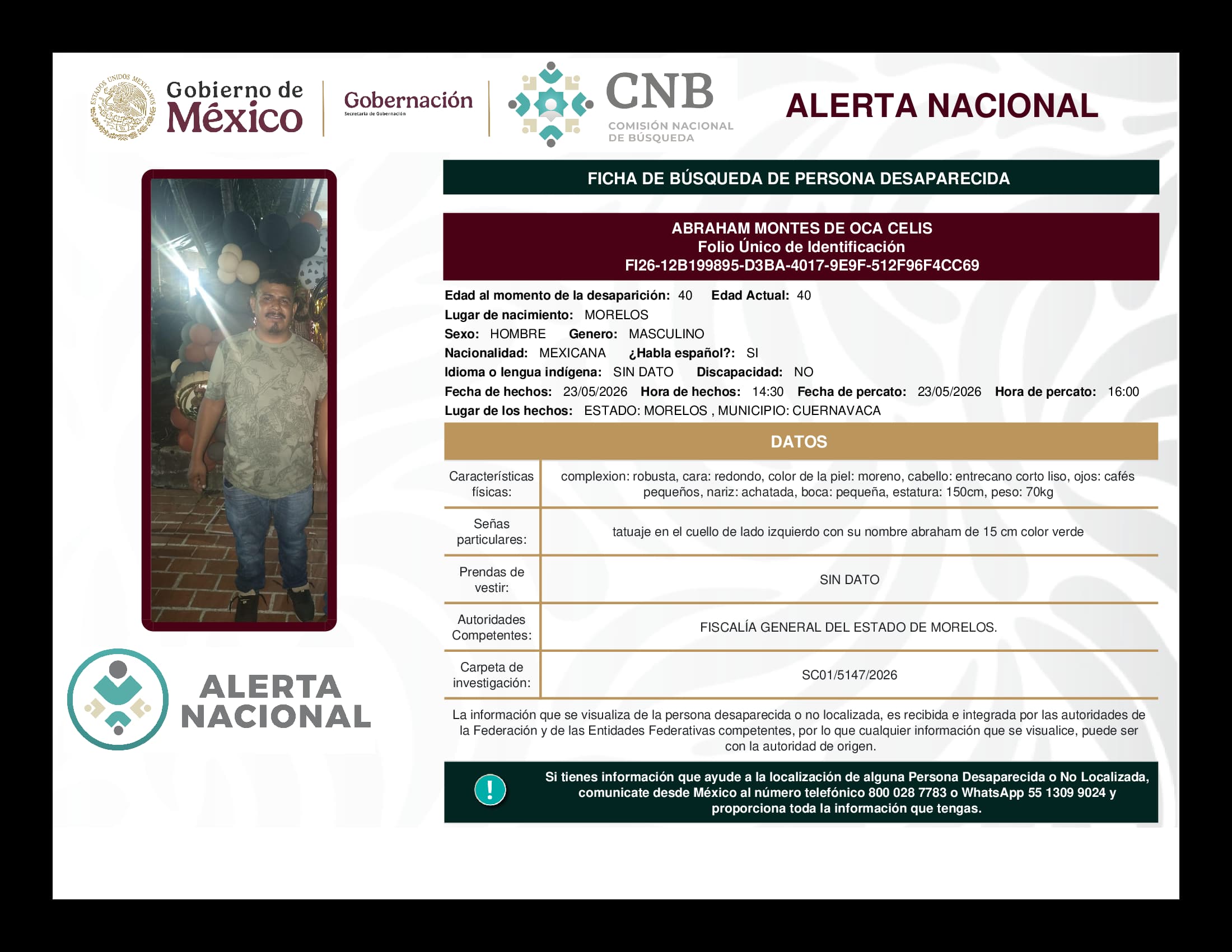 Persona desaparecida Abraham Montes de Oca Celis