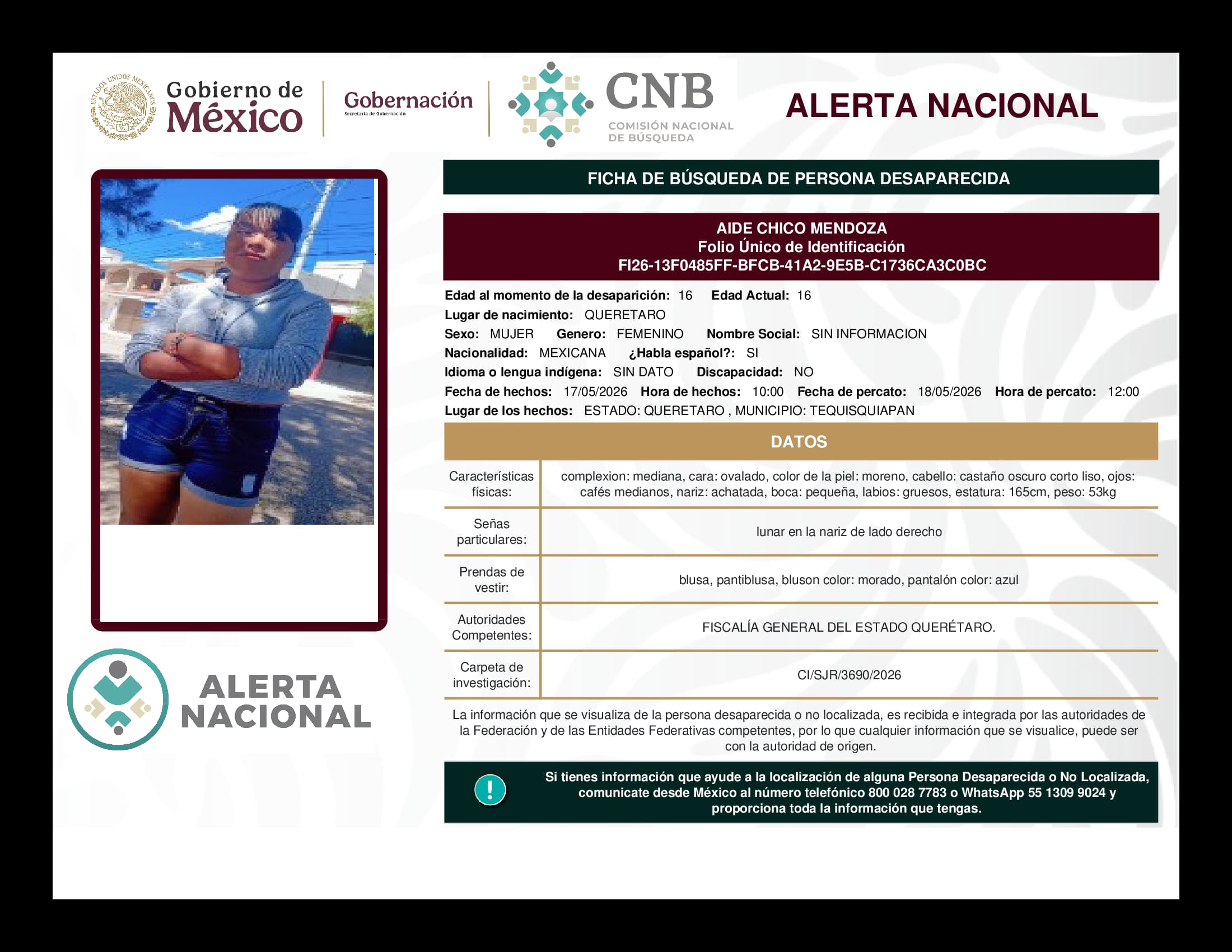 Persona desaparecida Aide Chico Mendoza