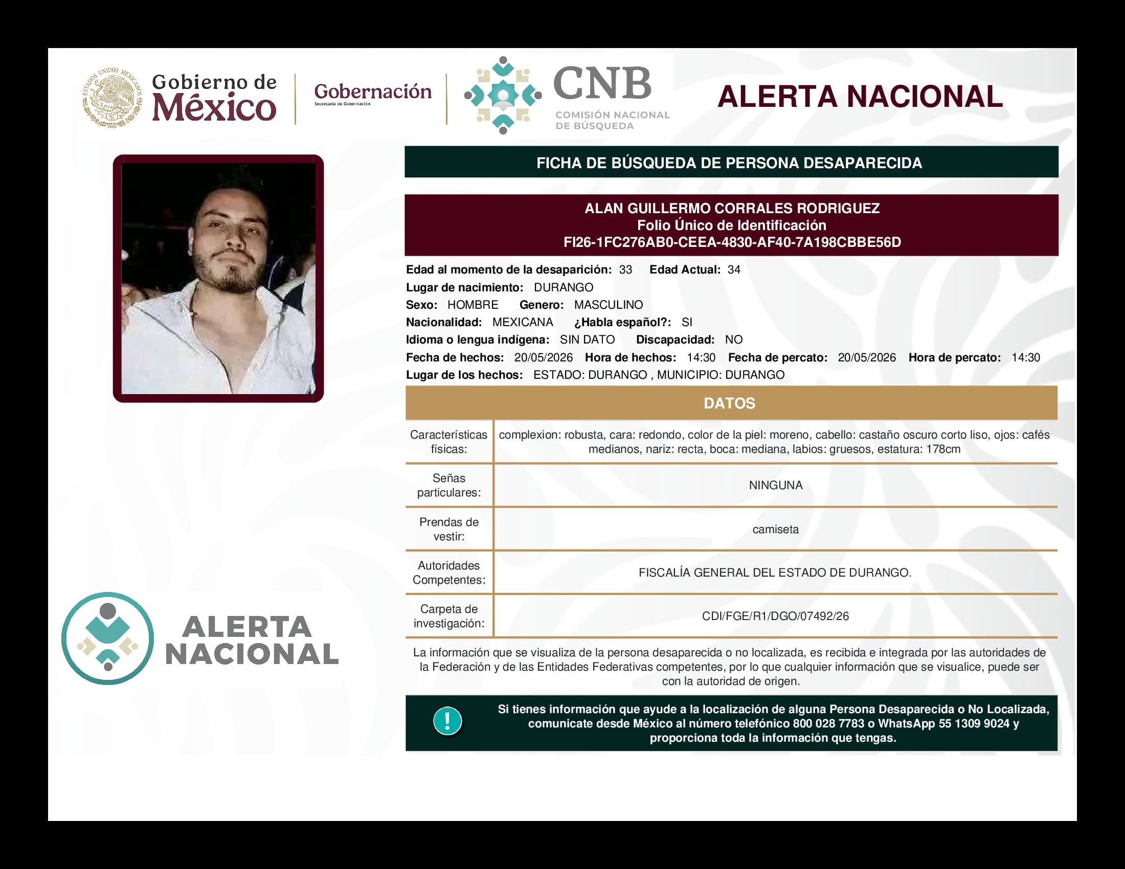 Persona desaparecida Alan Guillermo Corrales Rodriguez