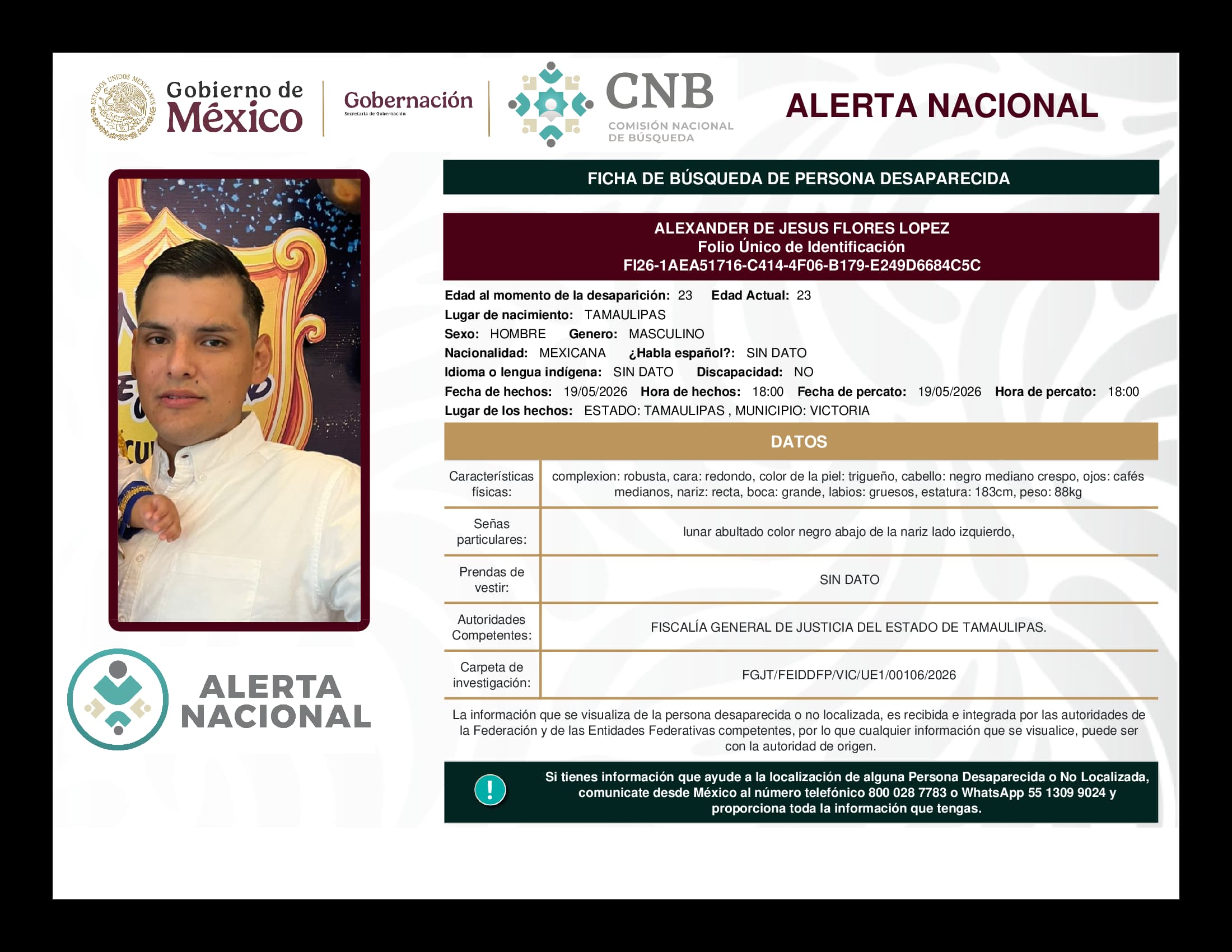 Persona desaparecida Alexander de  Jesus Flores Lopez
