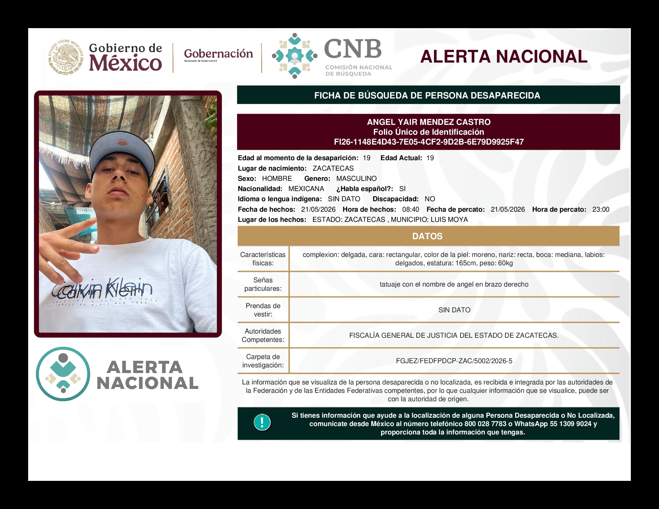 Persona desaparecida Angel Yair Mendez Castro