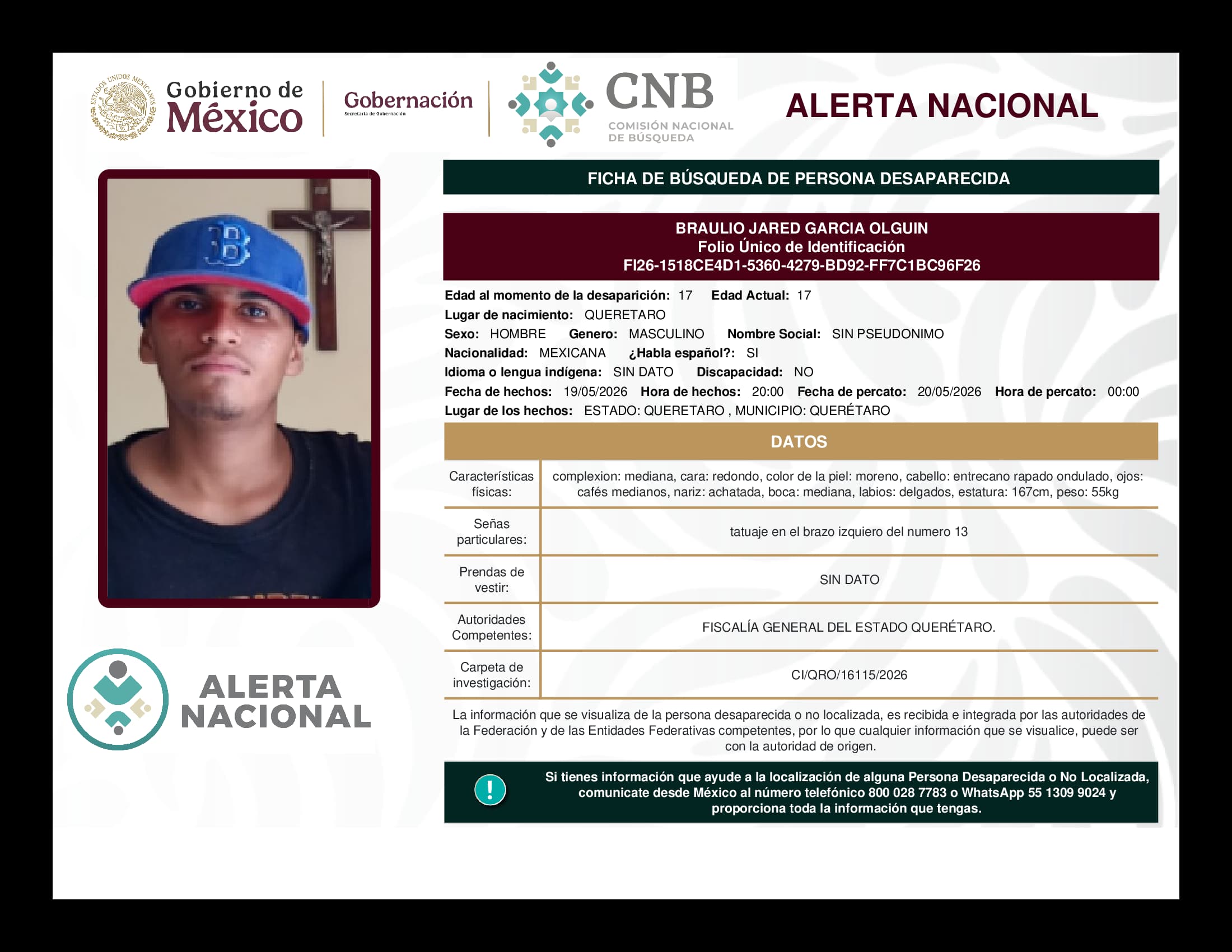 Persona desaparecida Braulio Jared Garcia Olguin