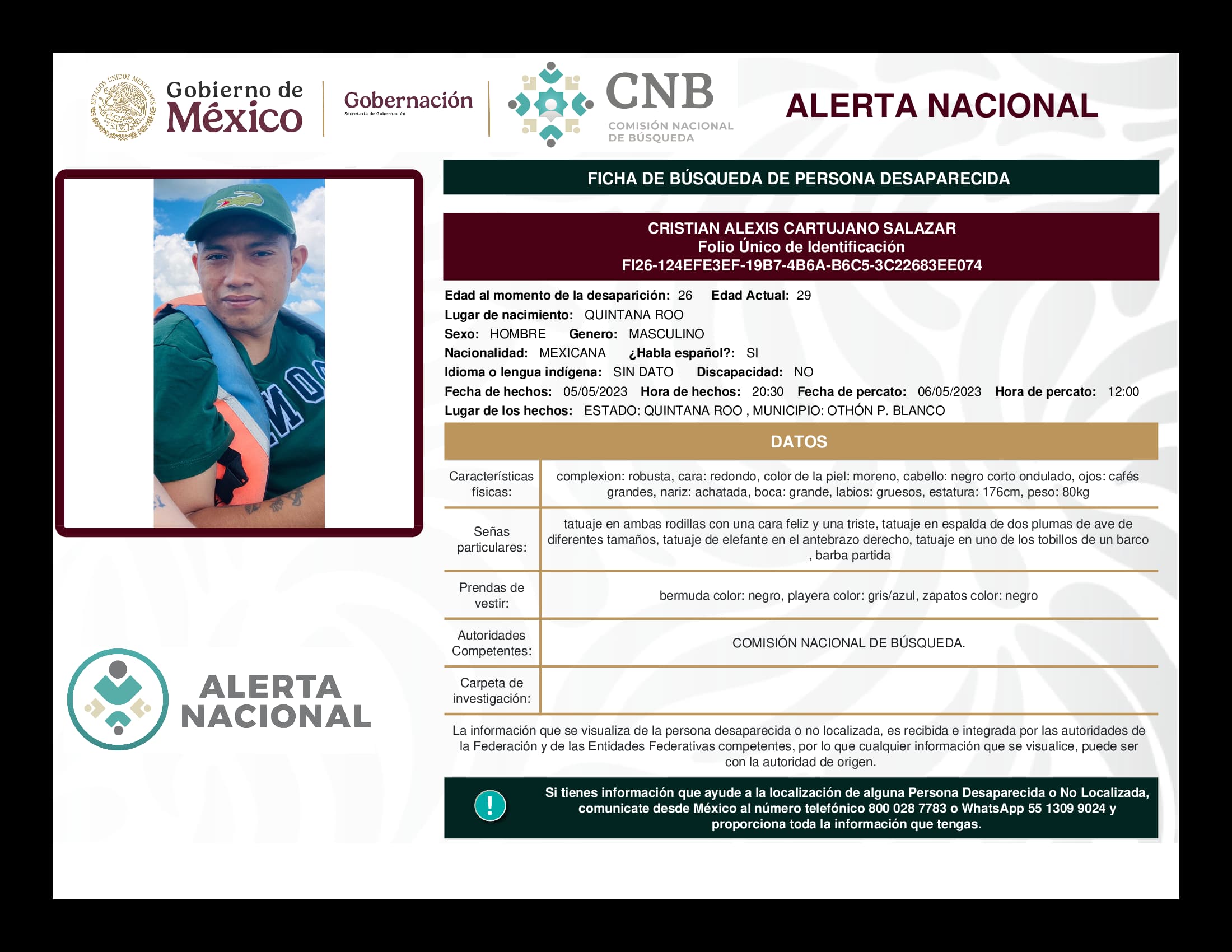 Persona desaparecida Cristian Alexis Cartujano Salazar