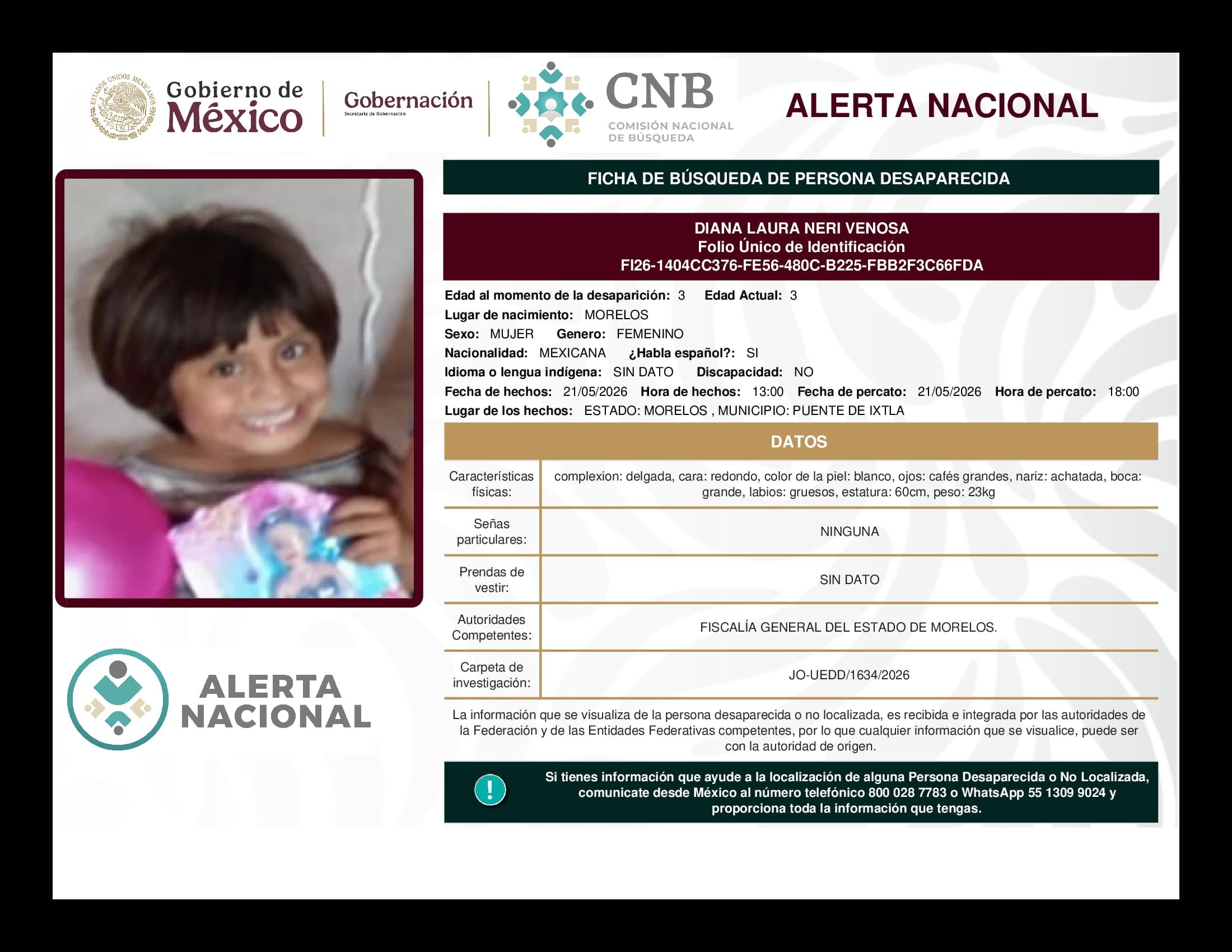 Persona desaparecida Diana Laura Neri Venosa