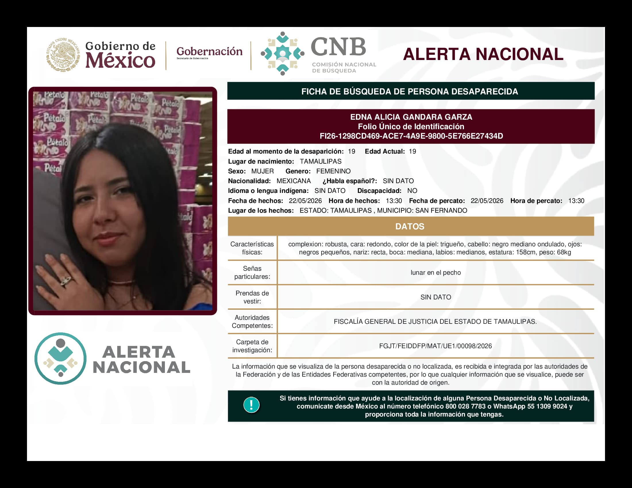 Persona desaparecida Edna Alicia Gandara Garza