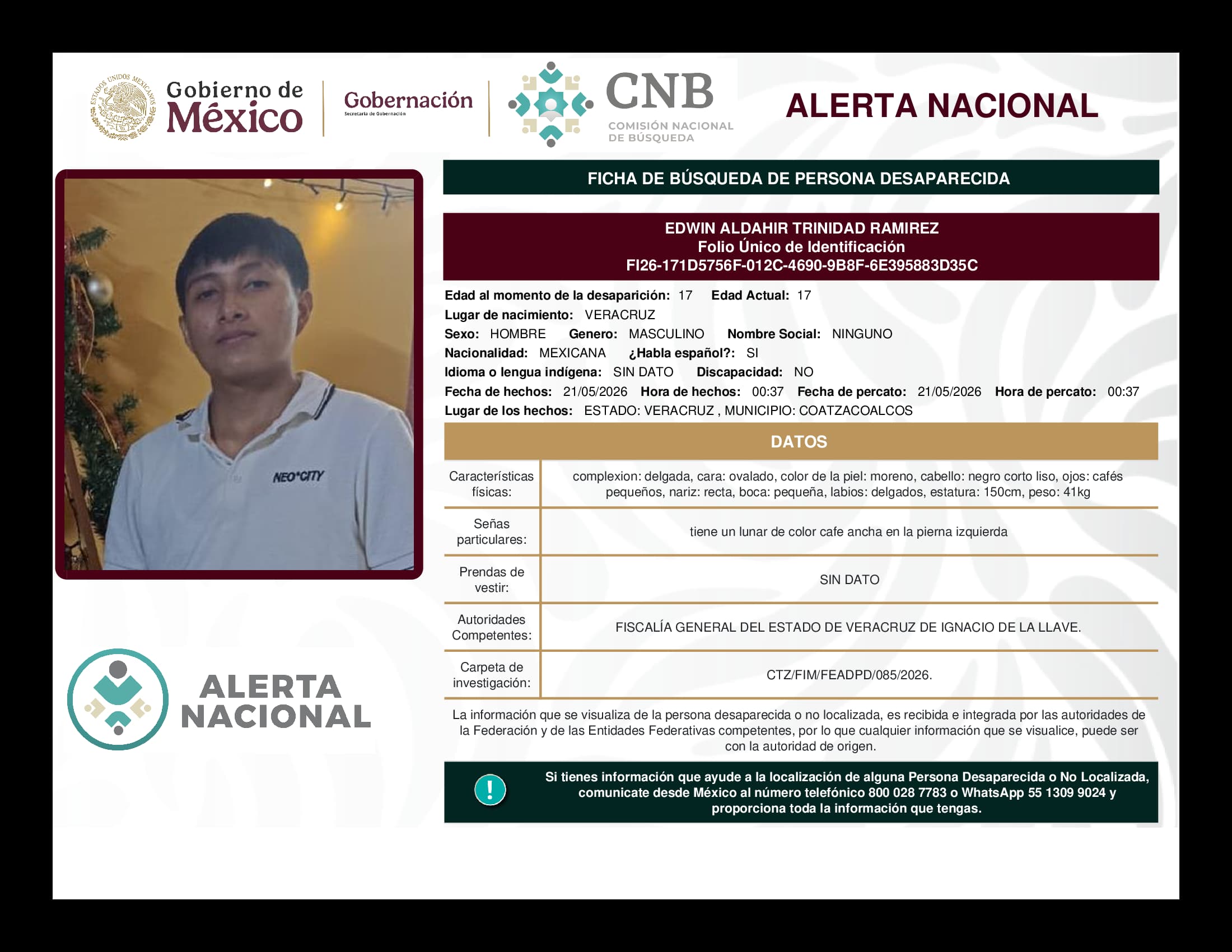 Persona desaparecida Edwin Aldahir Trinidad Ramirez