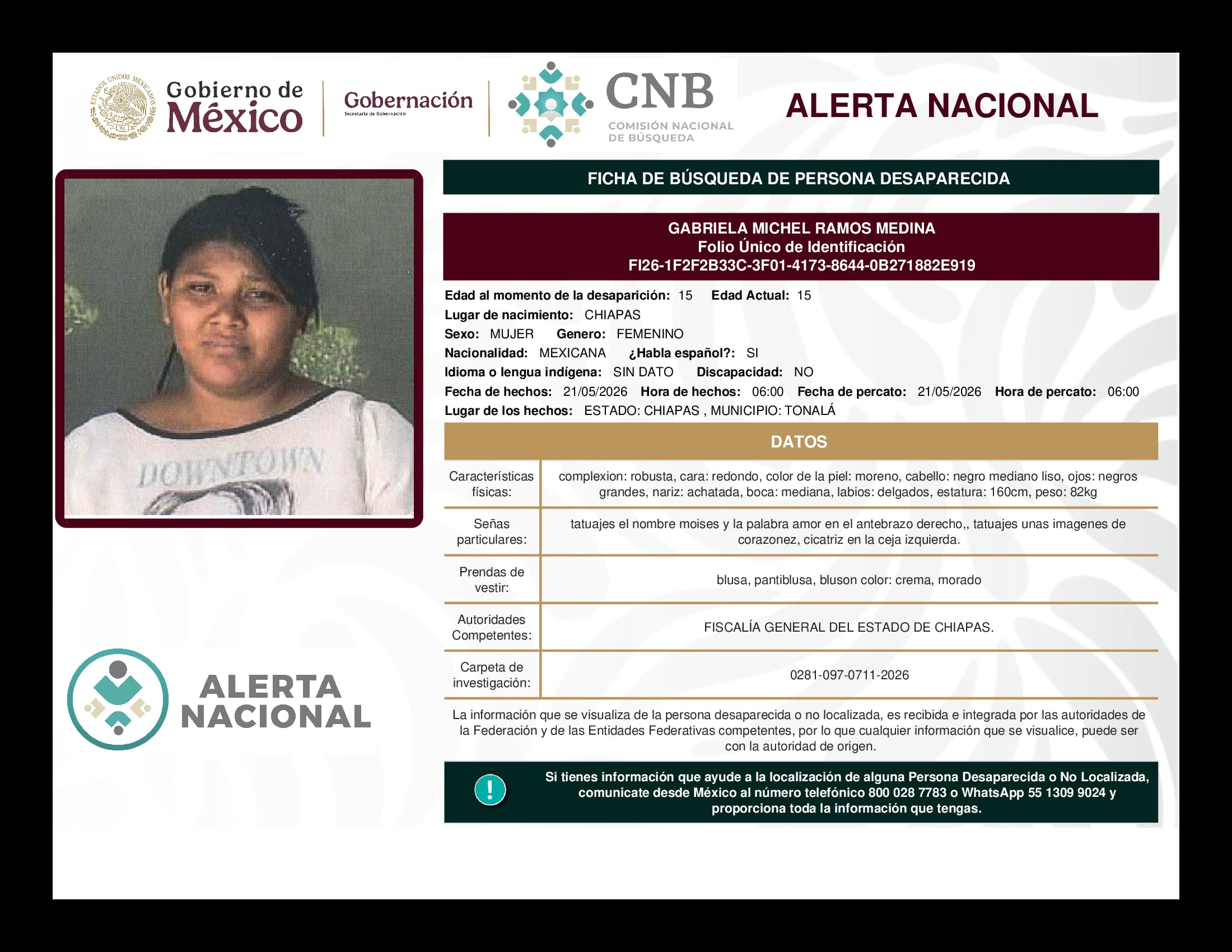 Persona desaparecida Gabriela Michel Ramos Medina