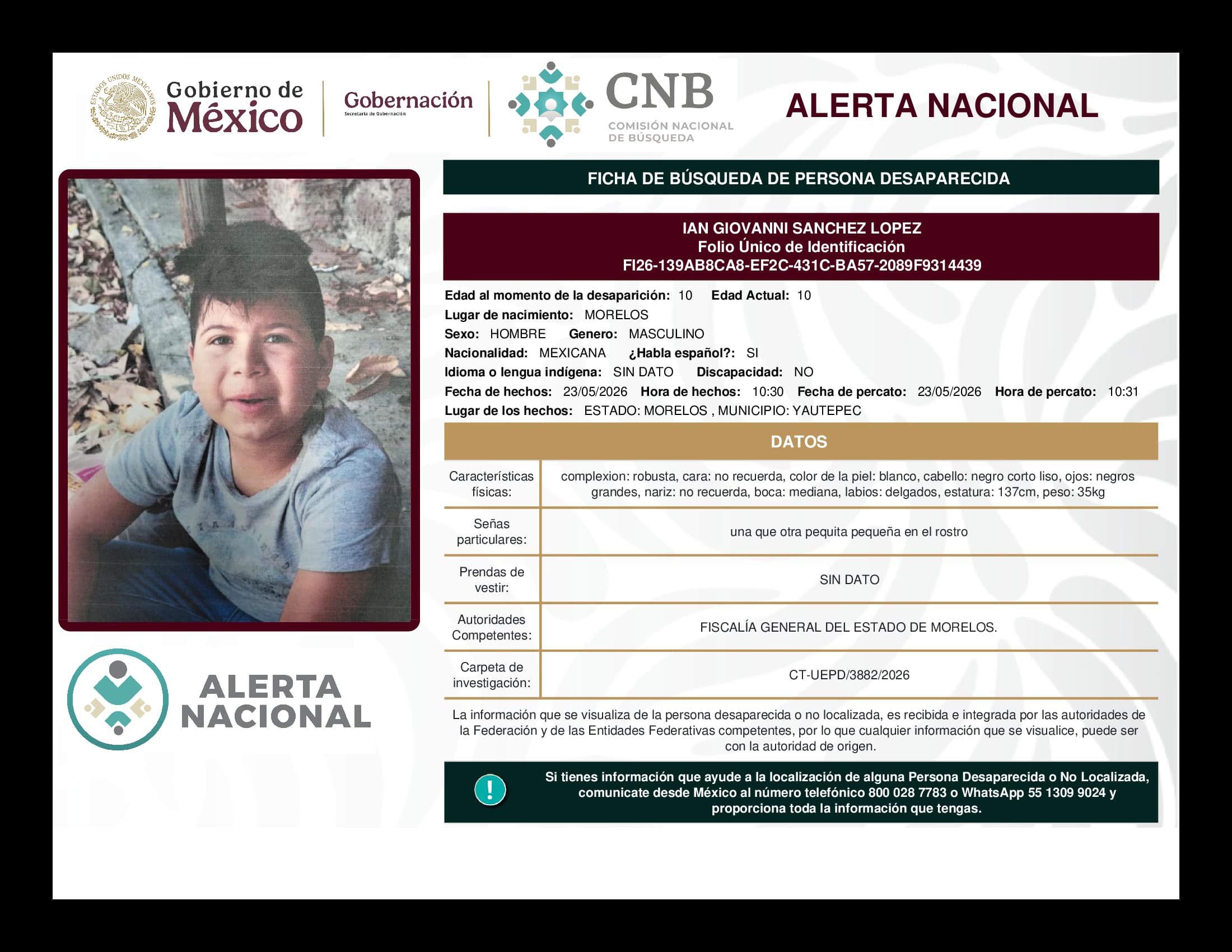Persona desaparecida Ian Giovanni Sanchez Lopez