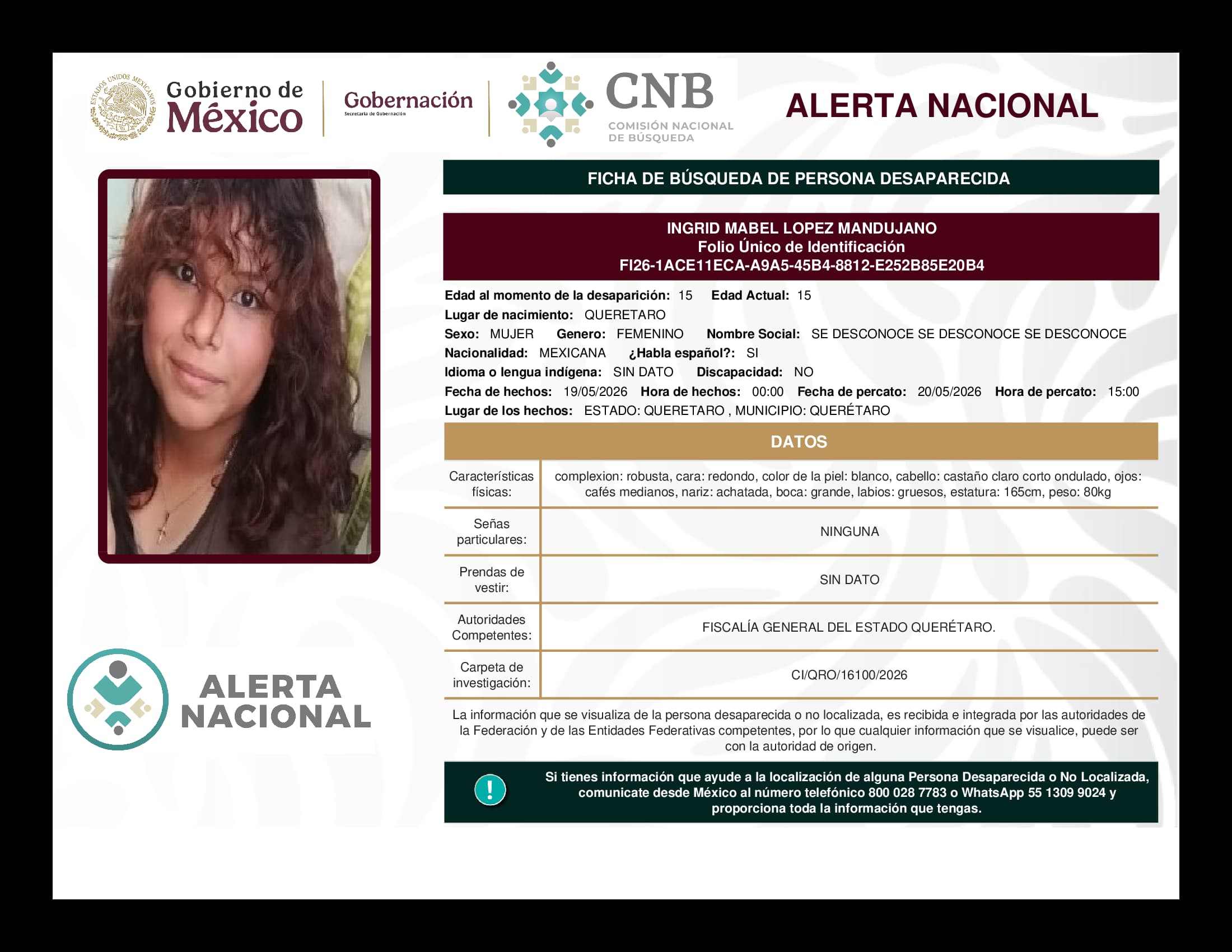 Persona desaparecida Ingrid Mabel Lopez Mandujano