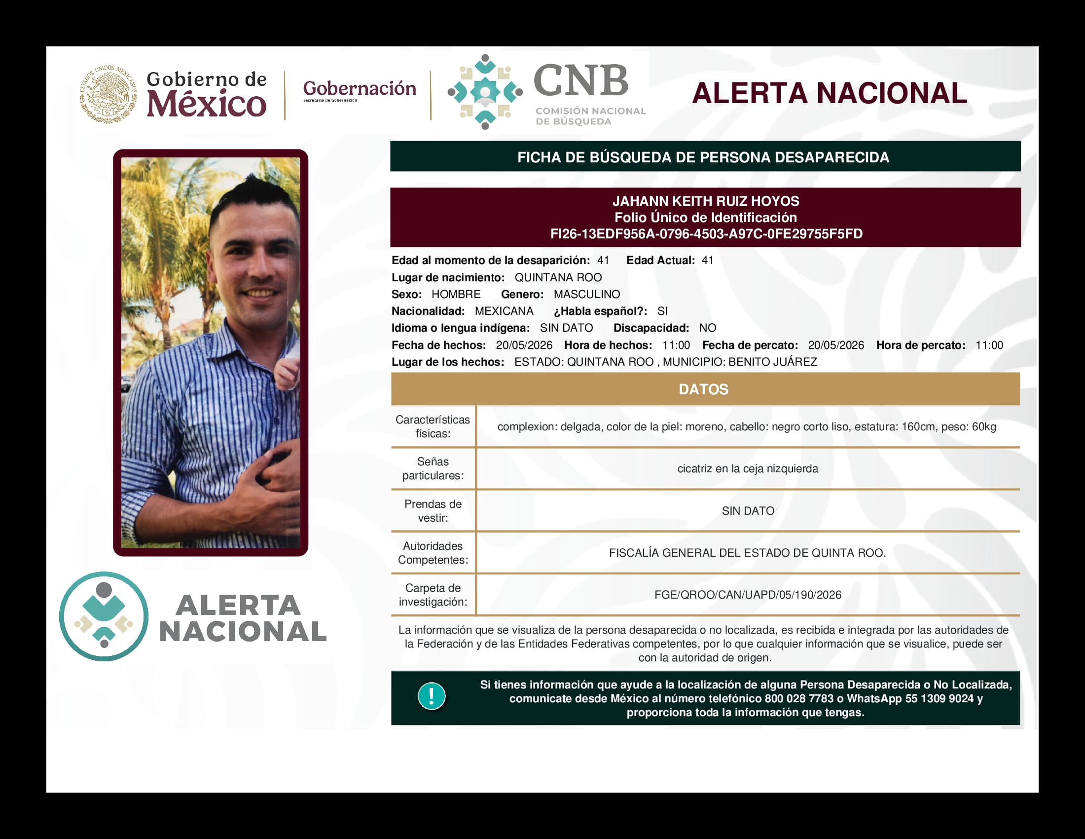 Persona desaparecida Jahann Keith Ruiz Hoyos