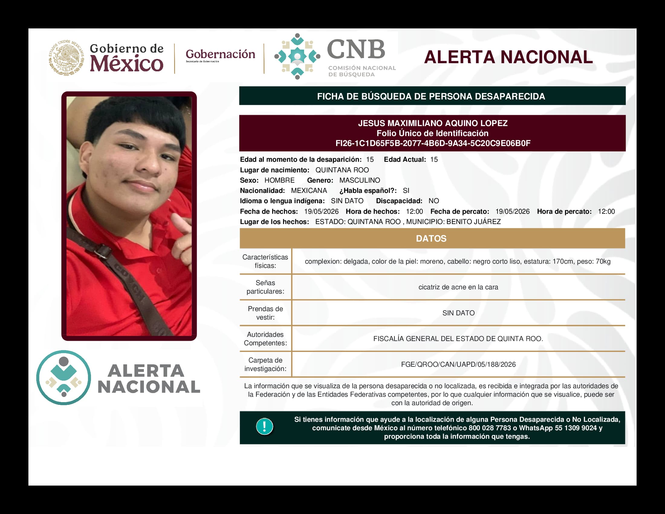 Persona desaparecida Jesus Maximiliano Aquino Lopez