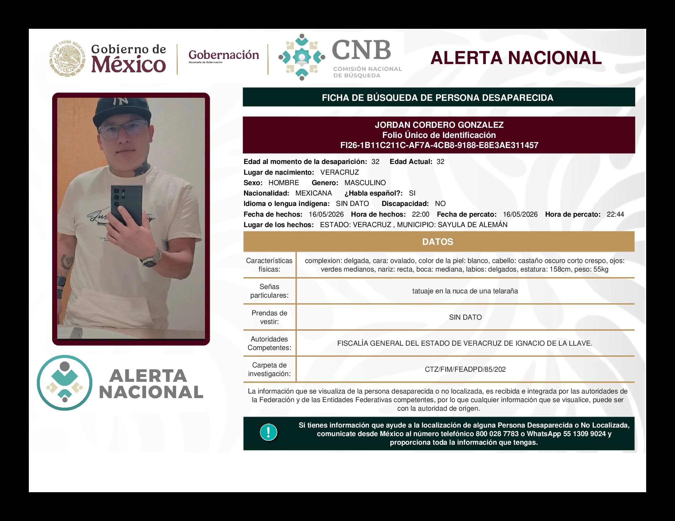 Persona desaparecida Jordan Cordero Gonzalez