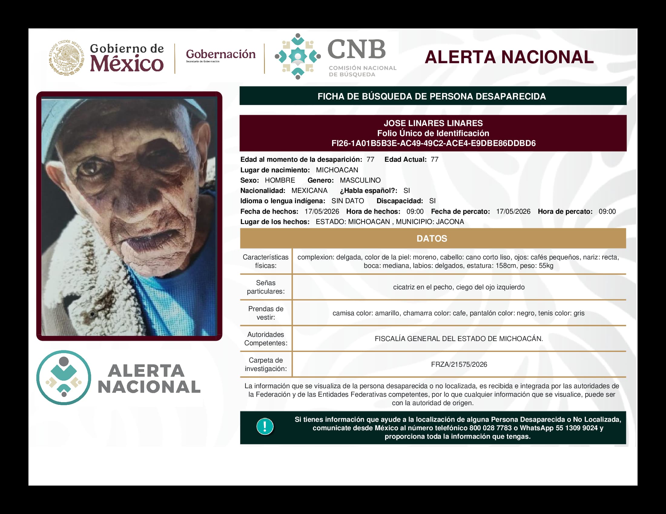 Persona desaparecida Jose Linares Linares