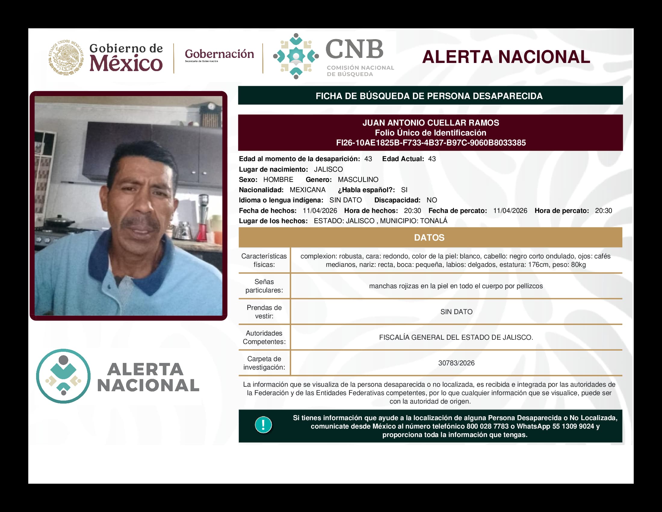 Persona desaparecida Juan Antonio Cuellar Ramos