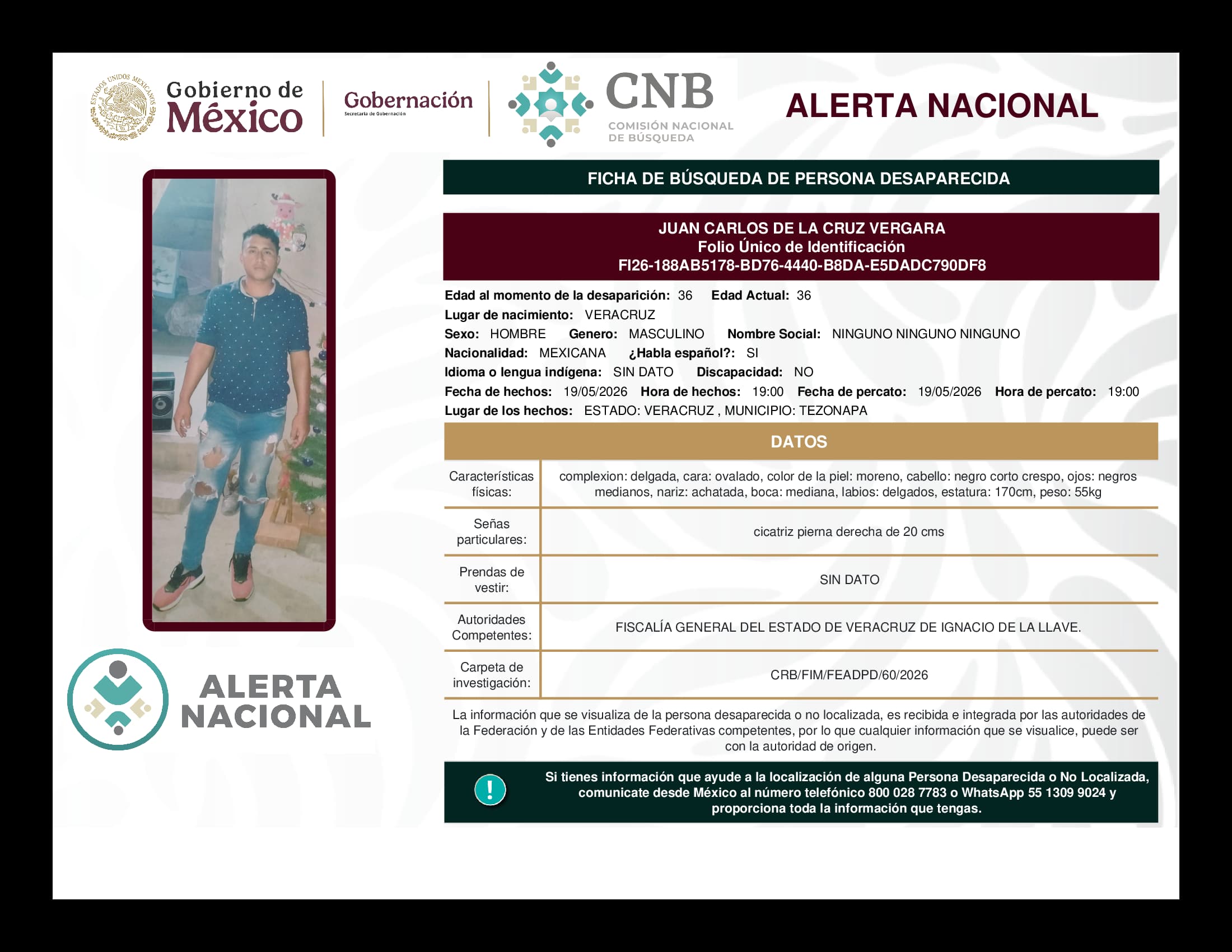 Persona desaparecida Juan Carlos de la Cruz Vergara