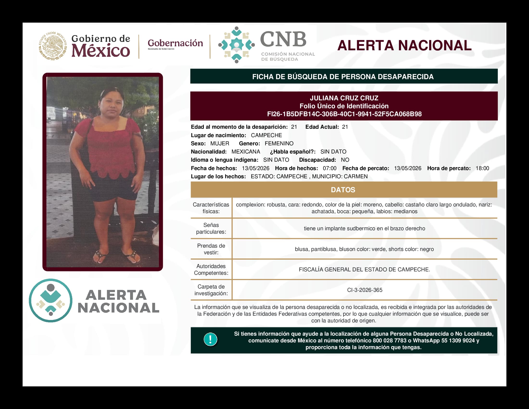 Persona desaparecida Juliana Cruz Cruz