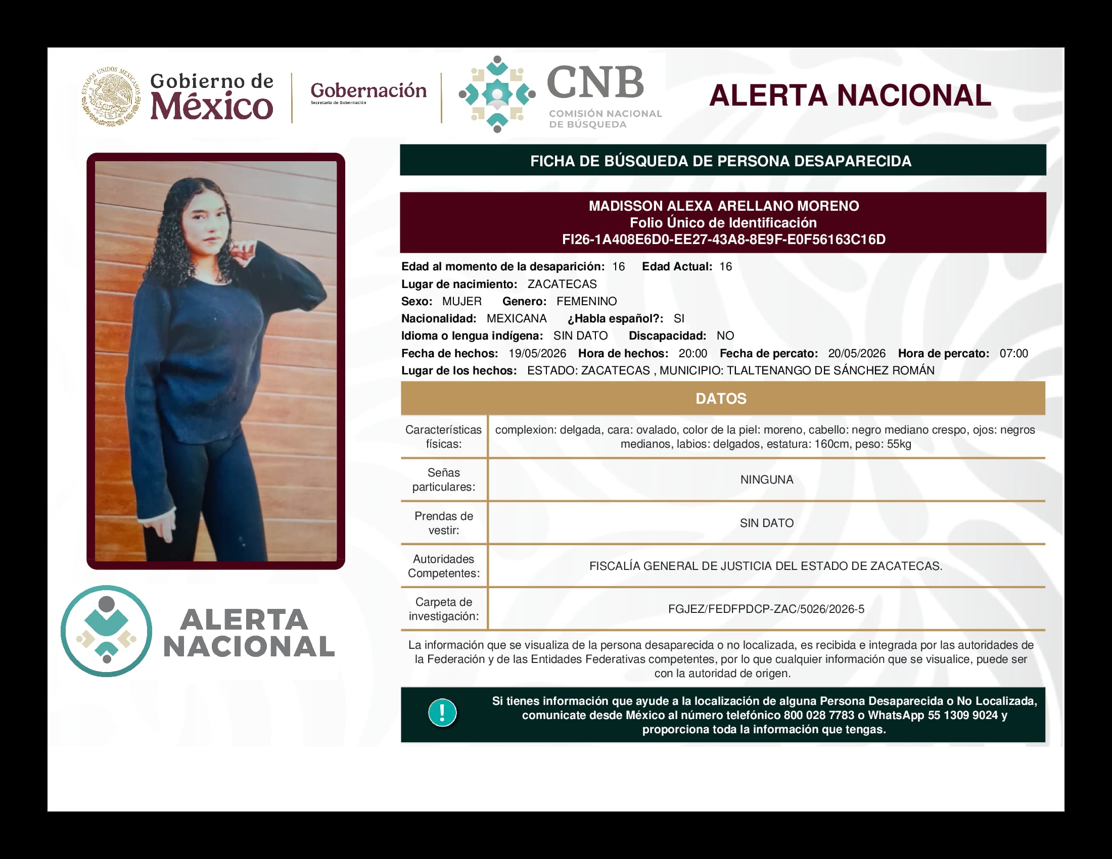 Persona desaparecida Madisson Alexa Arellano Moreno