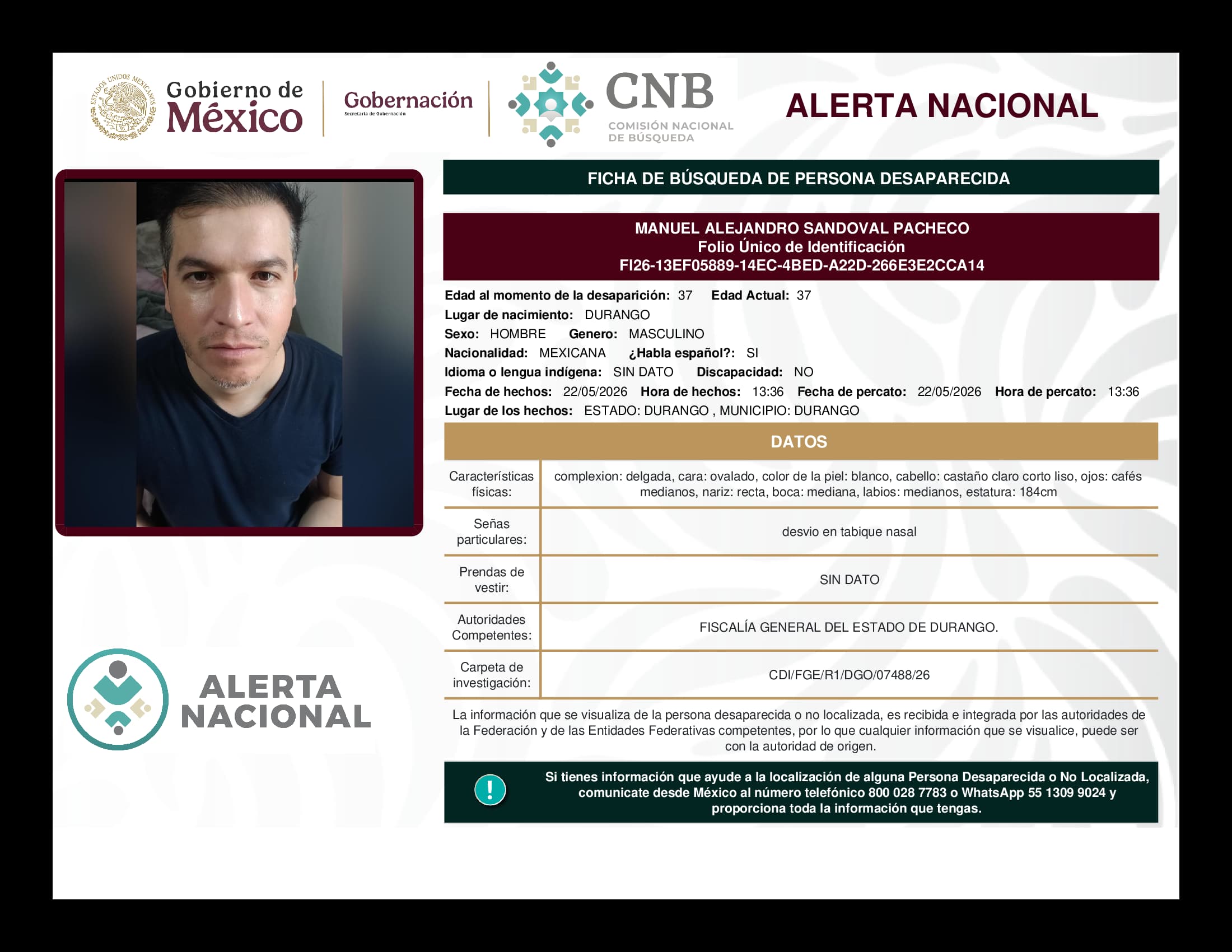 Persona desaparecida Manuel Alejandro Sandoval Pacheco