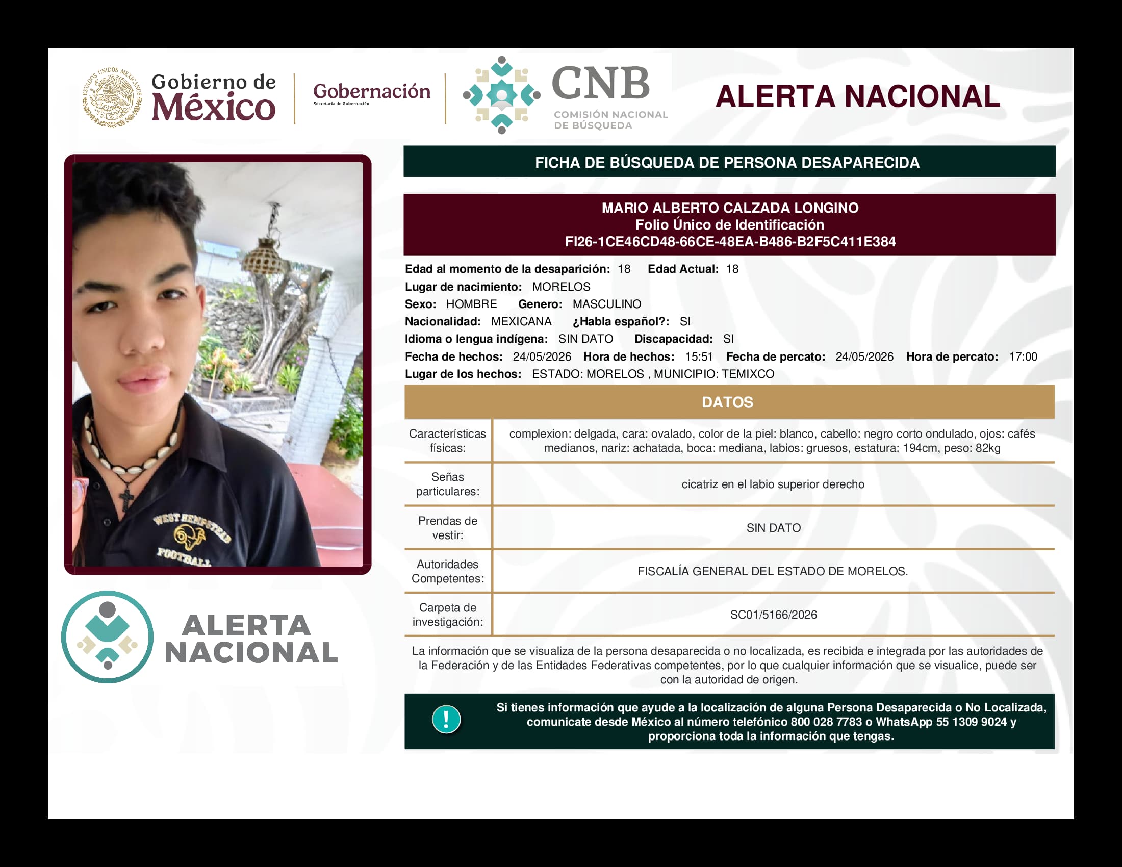 Persona desaparecida Mario Alberto Calzada Longino