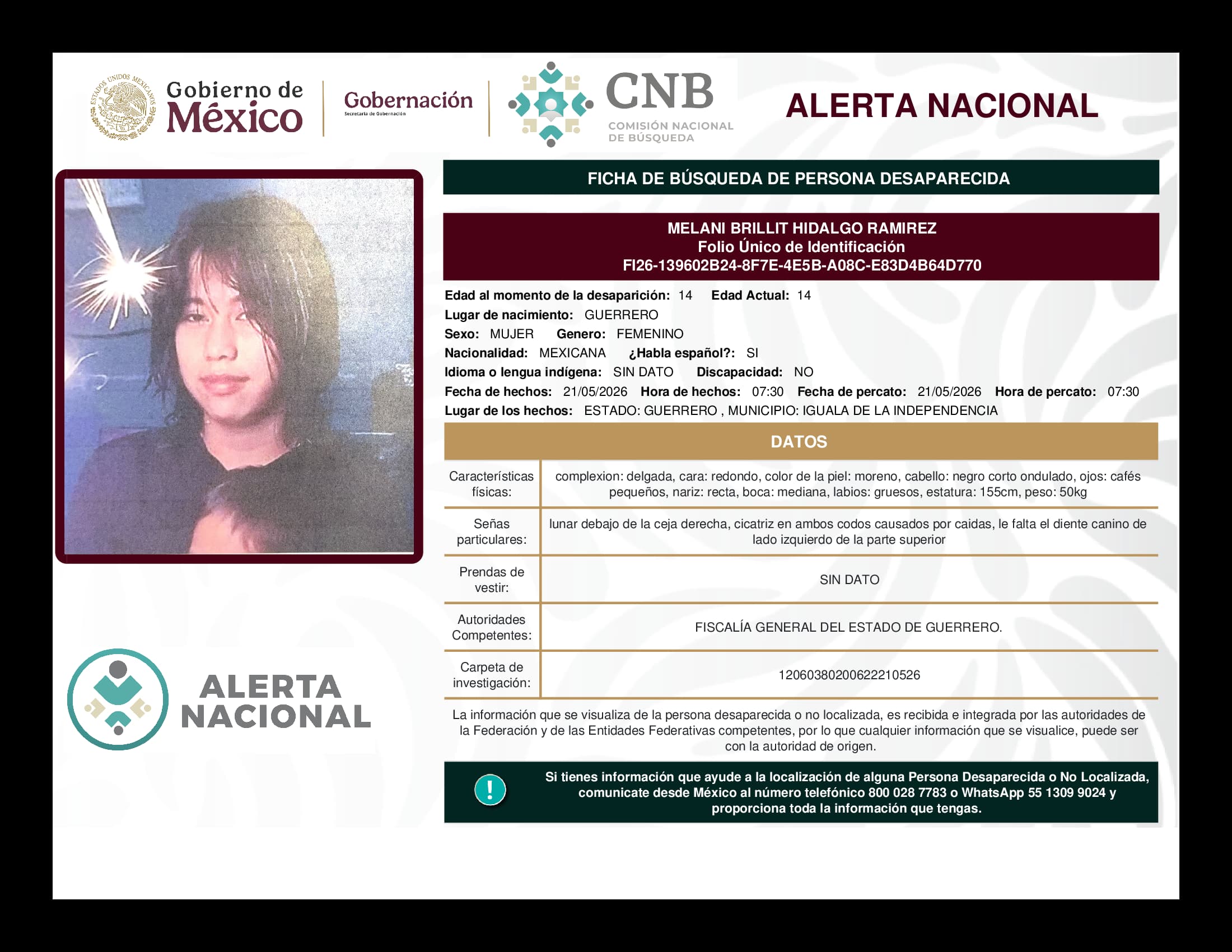 Persona desaparecida Melani Brillit Hidalgo Ramirez