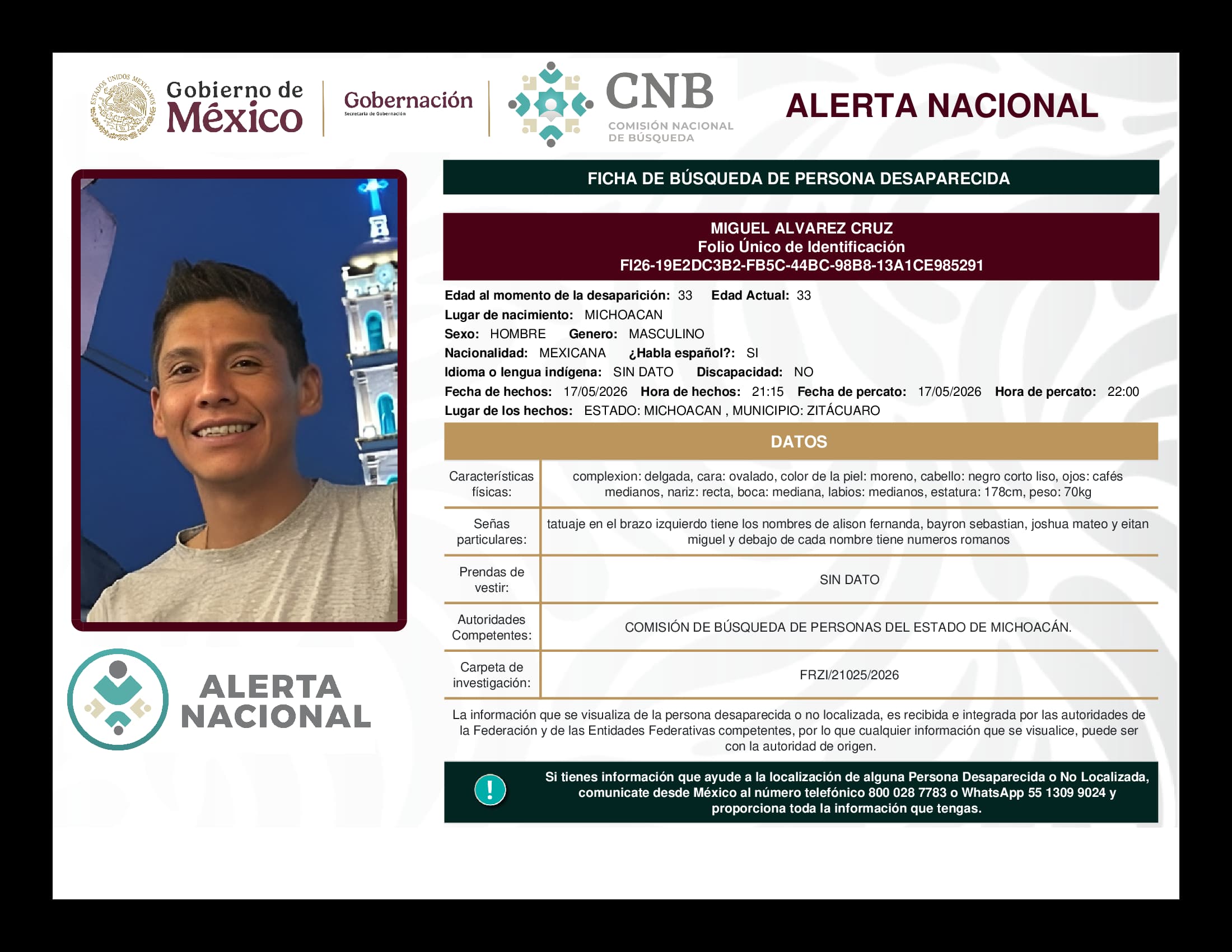 Persona desaparecida Miguel Alvarez Cruz