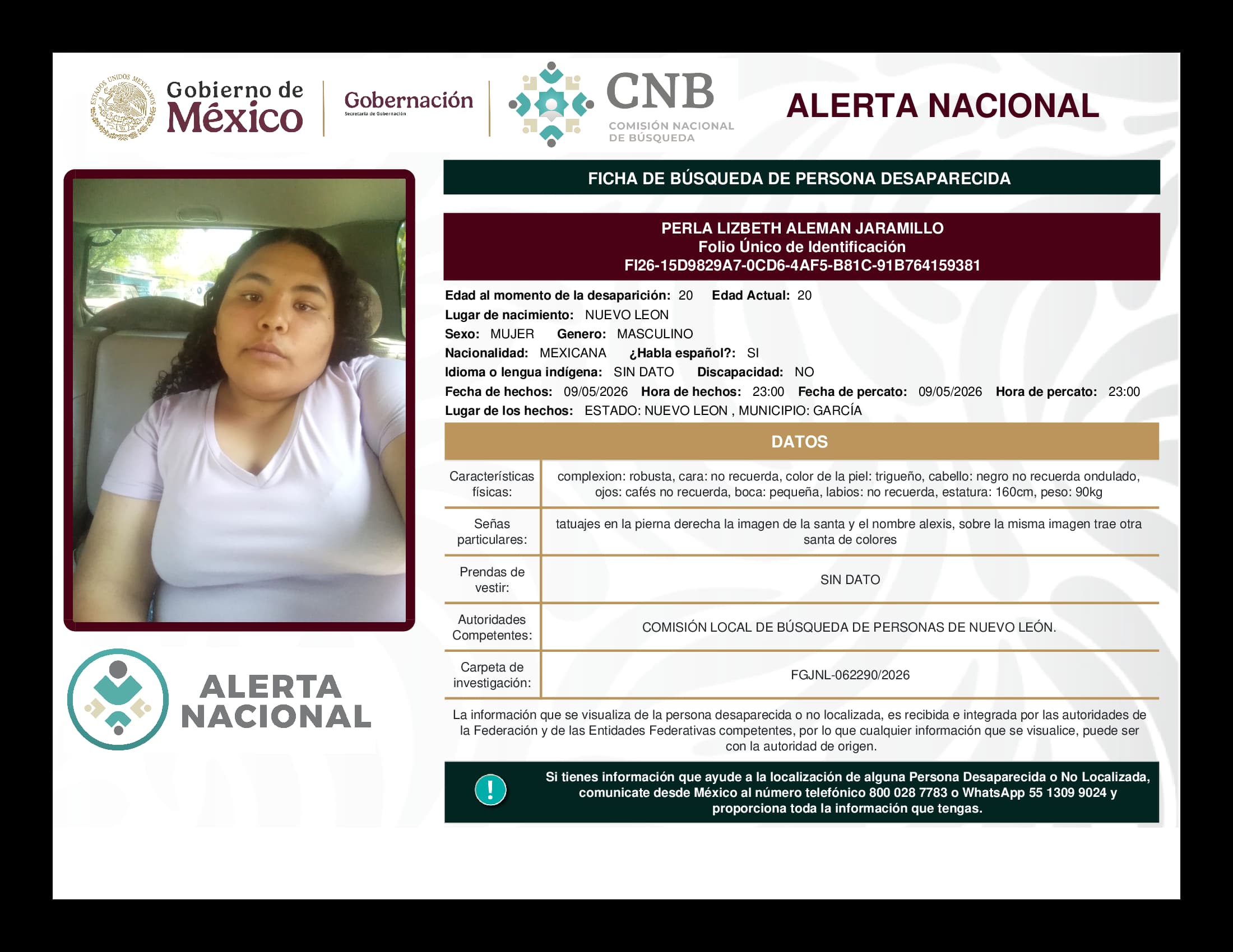 Persona desaparecida Perla Lizbeth Aleman Jaramillo