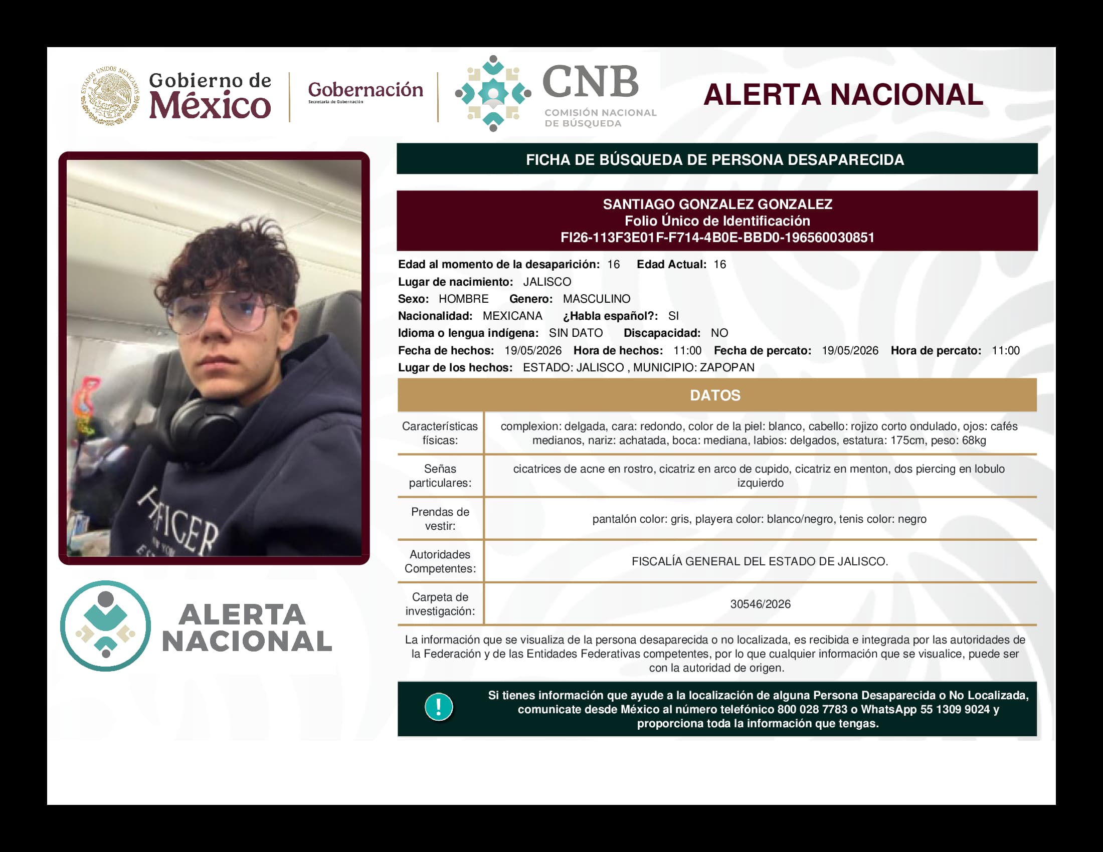 Persona desaparecida Santiago Gonzalez Gonzalez