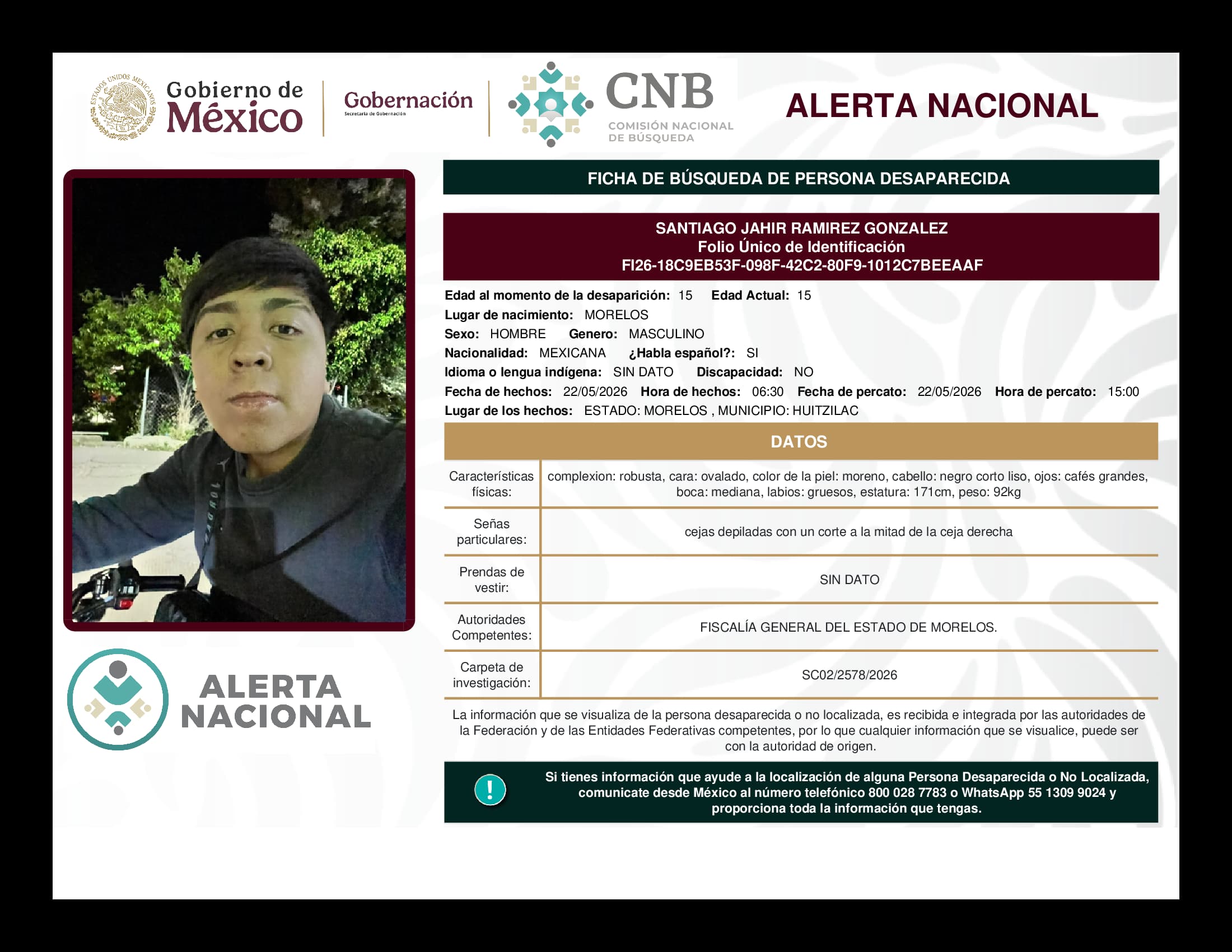 Persona desaparecida Santiago Jahir Ramirez Gonzalez