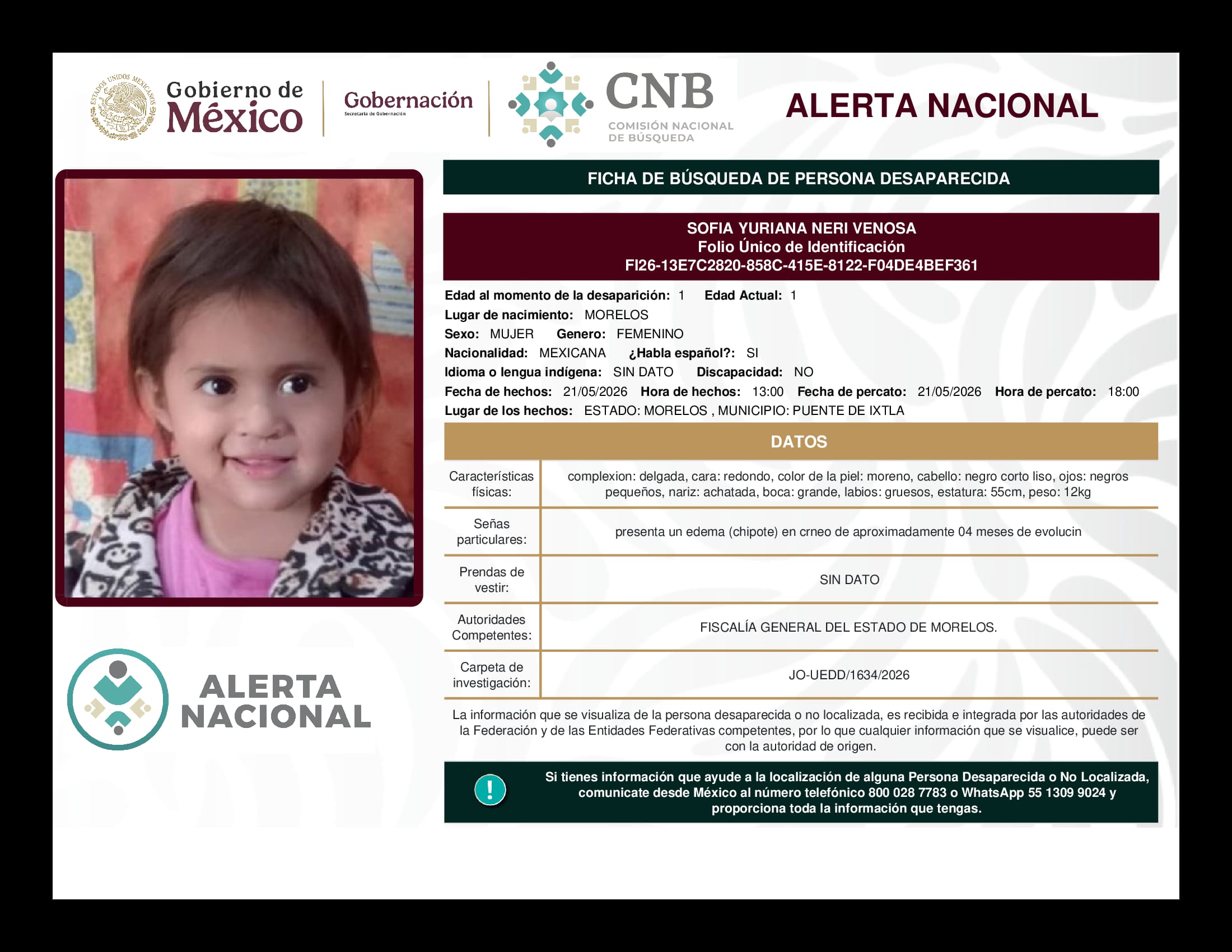 Persona desaparecida Sofia Yuriana Neri Venosa