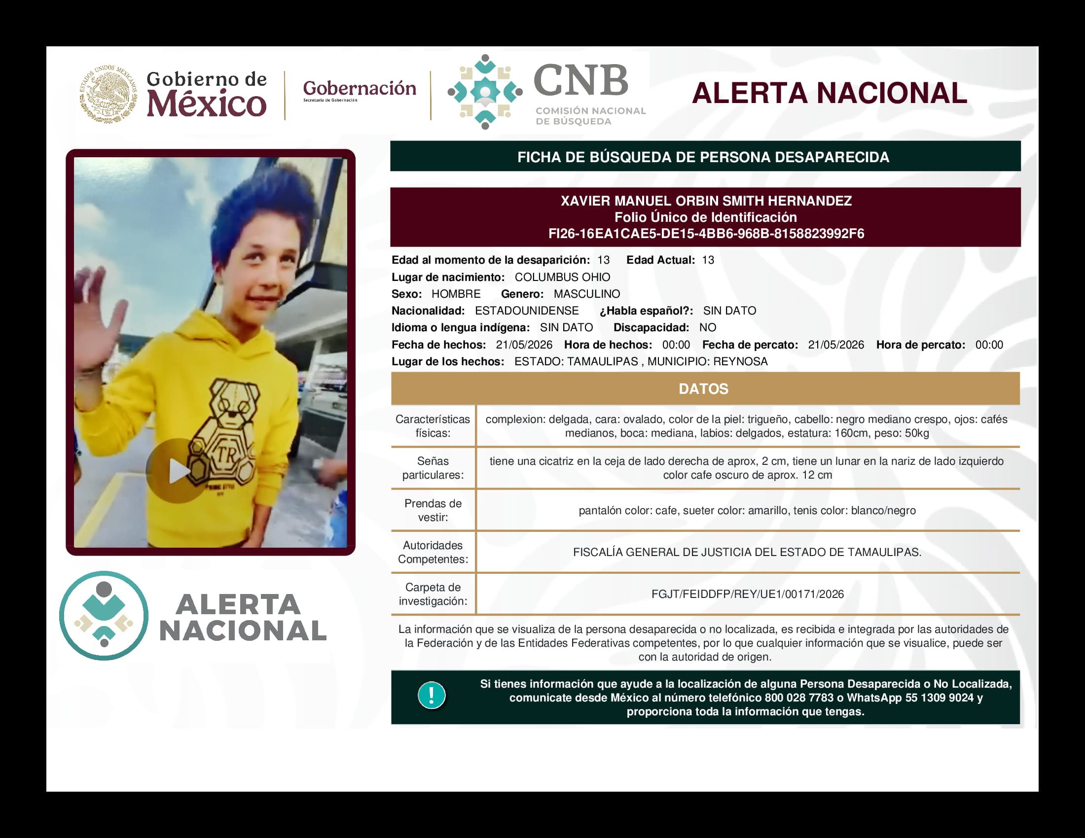 Persona desaparecida Xavier Manuel Orbin Smith Hernandez