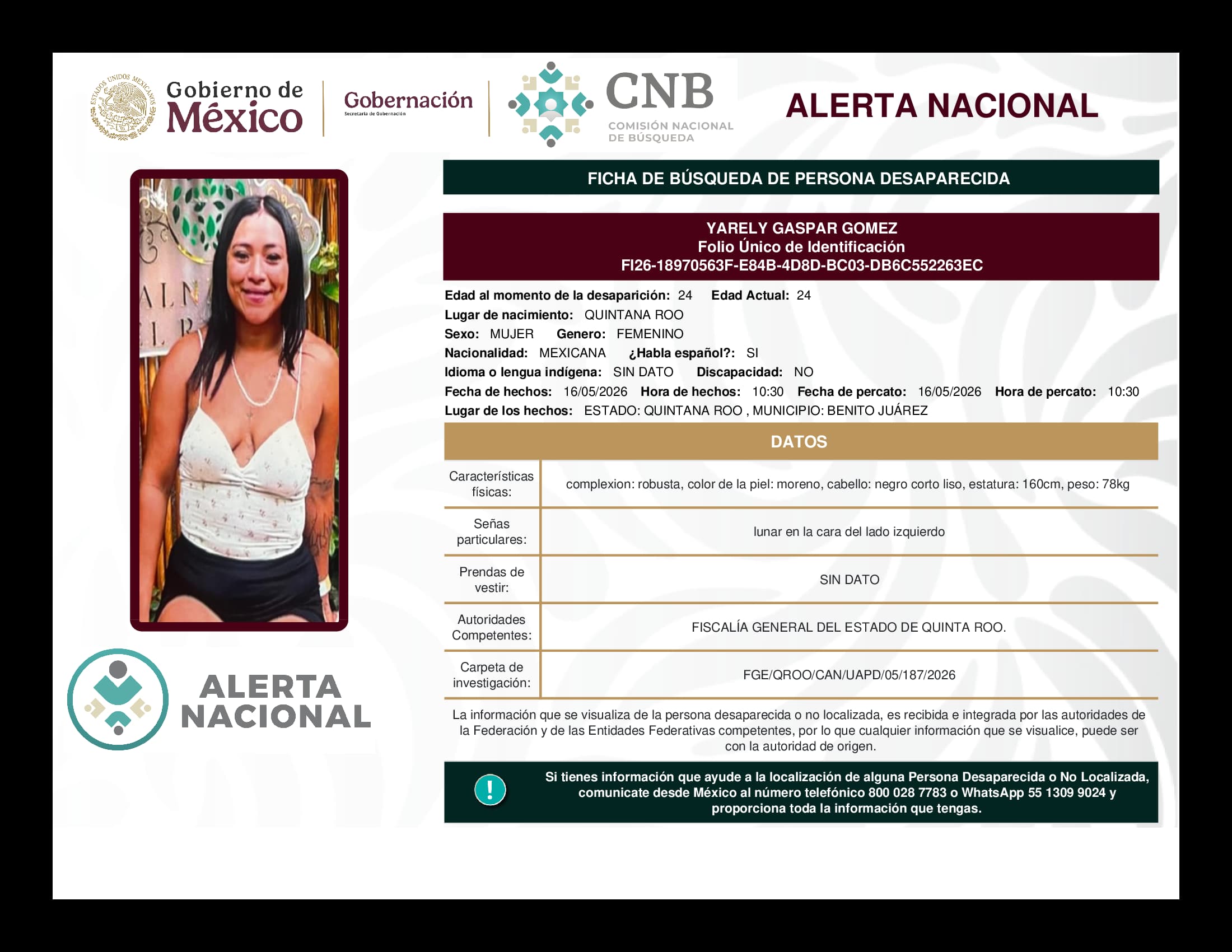 Persona desaparecida Yarely Gaspar Gomez
