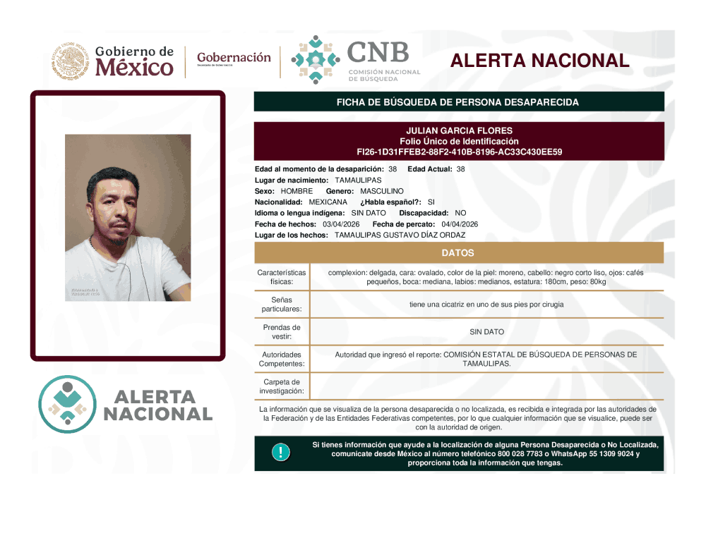 Persona desaparecida Julian Garcia Flores