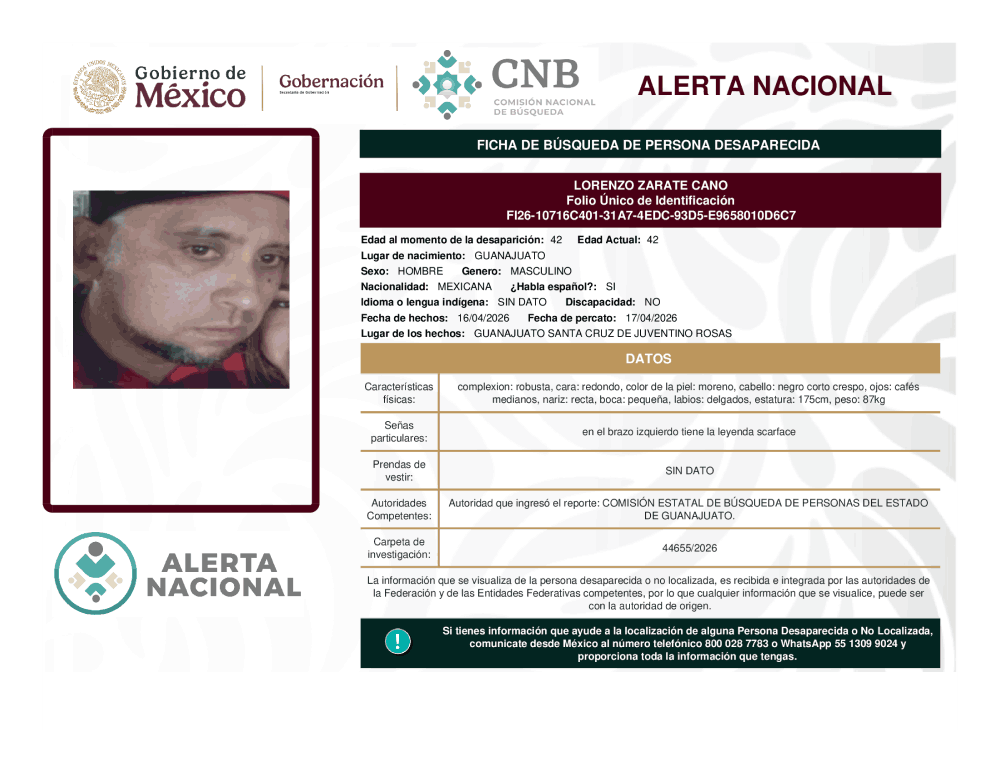 Persona desaparecida Lorenco Zarate Cano