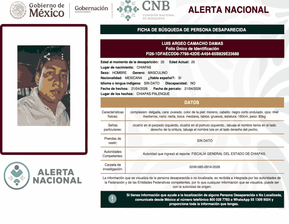 Persona desaparecida Luis Argeo Camacho Damas