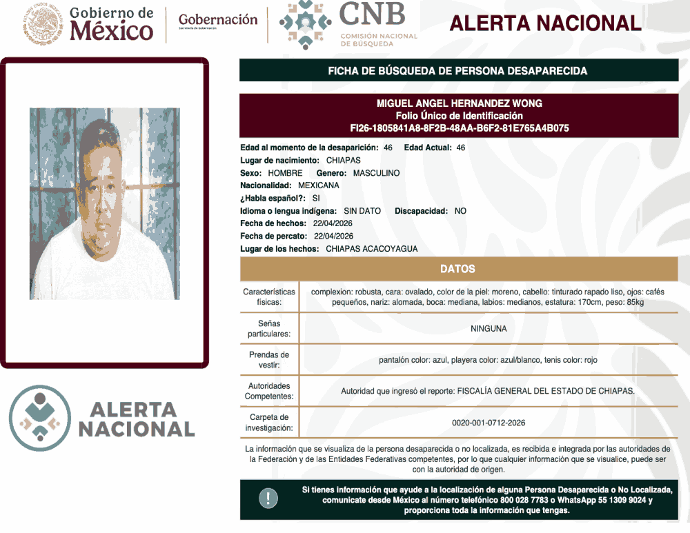 Persona desaparecida Miguel Angel Hernández Wong