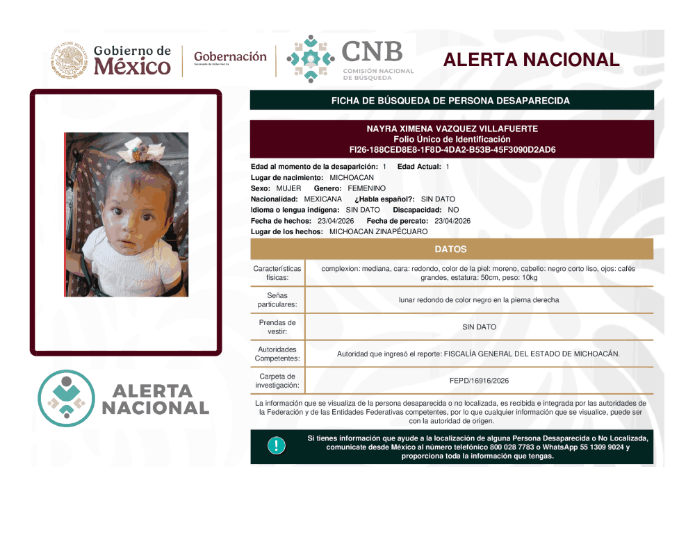 Persona desaparecida Nayra Ximena Vázquez Villafuerte